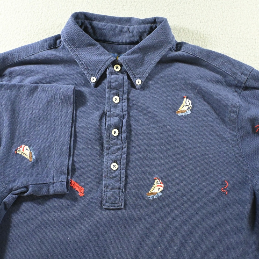 Ralph Lauren Mens Knit Oxford Nautical Polo Shirt Size M Navy Blue Sailboat